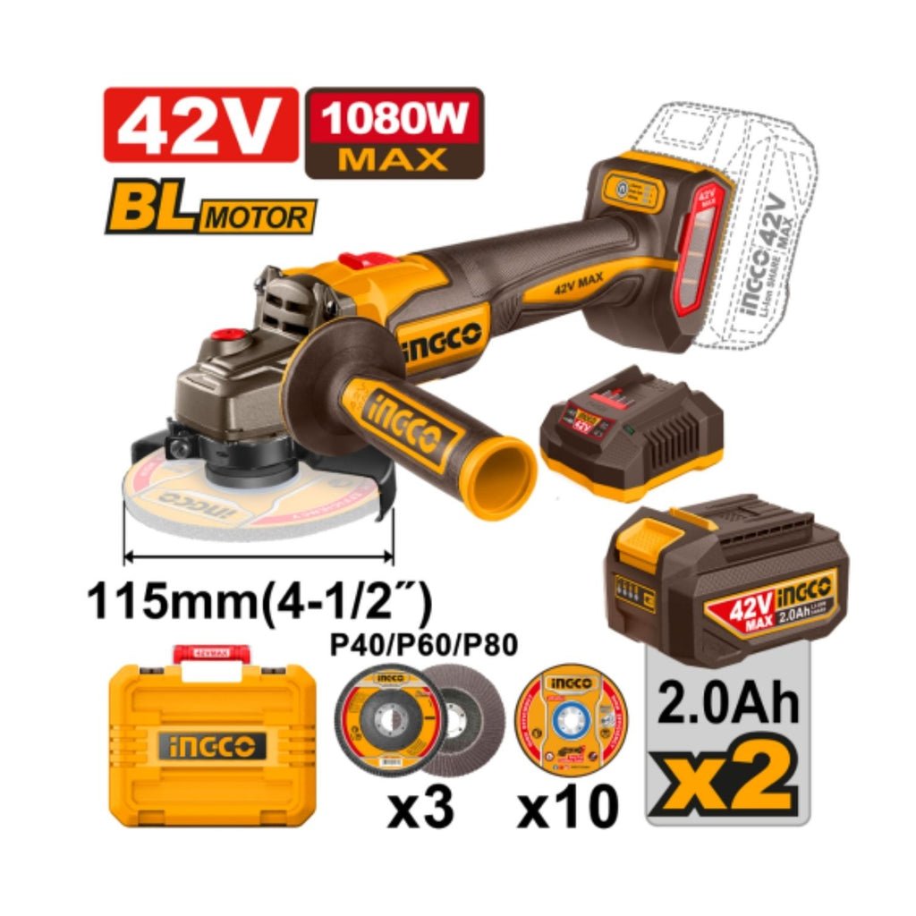 INGCO 42V CORDLESS ANGLE GRINDER KIT 115MM (INCL. 2X2.0A.BATT,CHARGER & ACC)