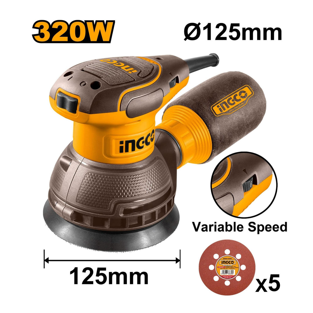 INGCO ROTARY SANDER 320W INCL 5X SANDING PAPER AND CARBON BRUSH SET