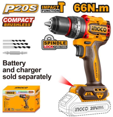 INGCO 20V LITHIUM-ION CORDLESS DRILL 66NM INCL 2 PIECE DR-V 65MM BITS