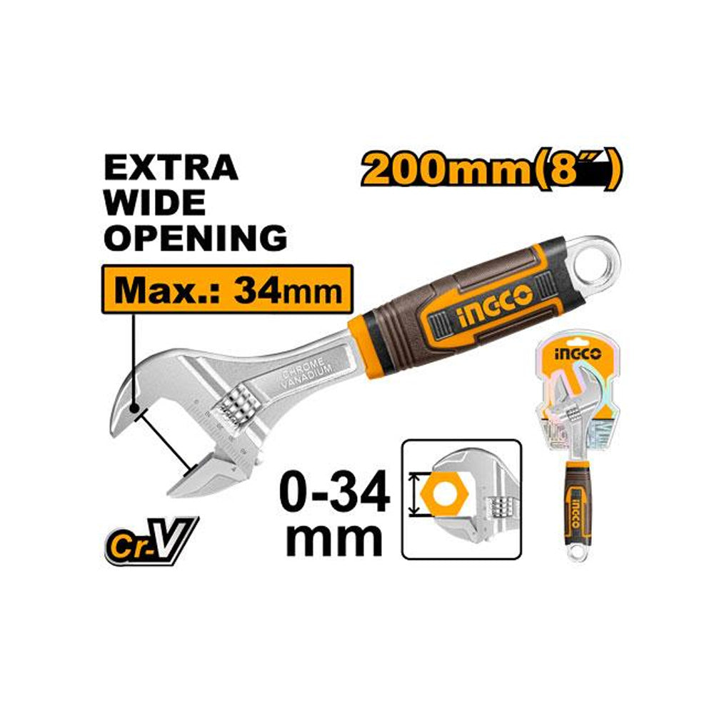 INGCO WRENCH ADJUST 200MM S/GRIP CRV