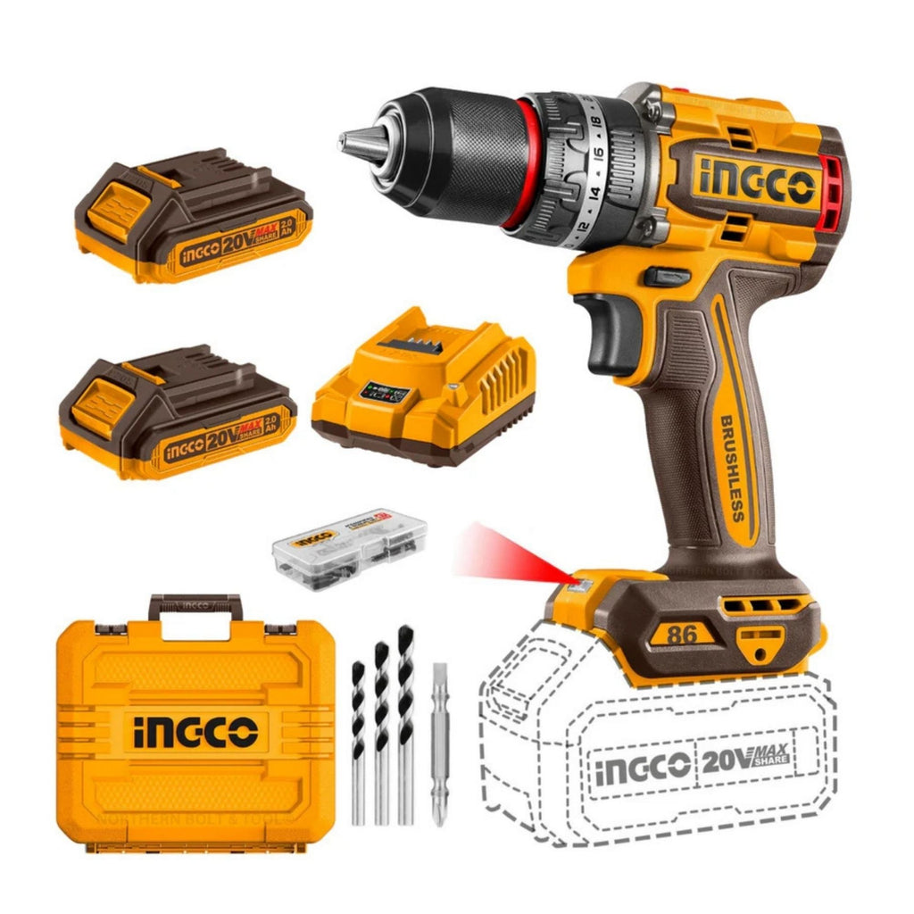INGCO 20V PS+ C/L B/L IMPACT DRILL 86NM KIT  INCL. 2 X 4A.H BATT-CHARGER-ACC