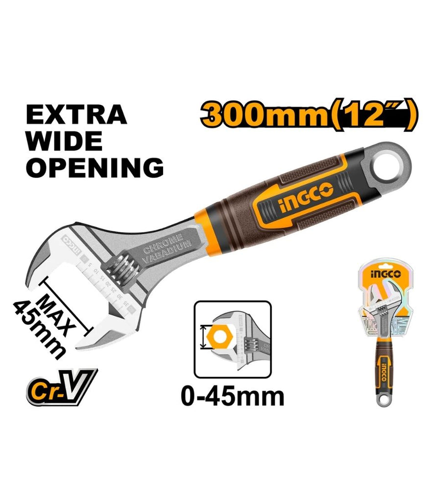 INGCO WRENCH ADJUST 300MM S/GRIP CRV