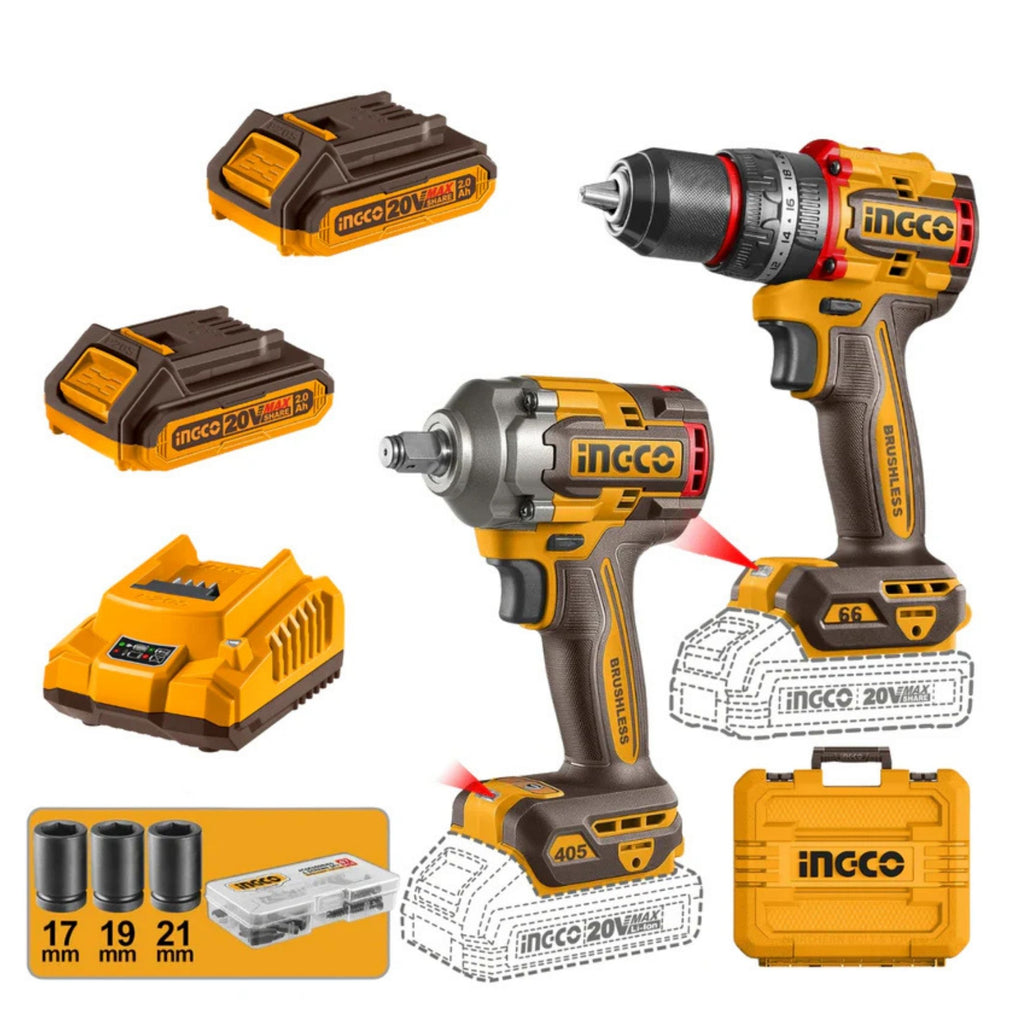 INGCO 20V COMBO I/DRILL 66NM -IMPACT WRENCH 405 NM INCL 2 X 2AH BATT,CHARG & ACC