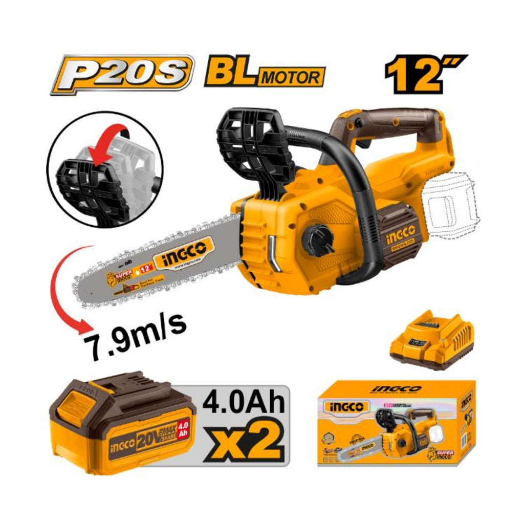 INGCO 20V PS+ C/L B/L CHAIN SAW 12' 300MM KIT INCL. 2 X 4A.H BATT & CHARGER