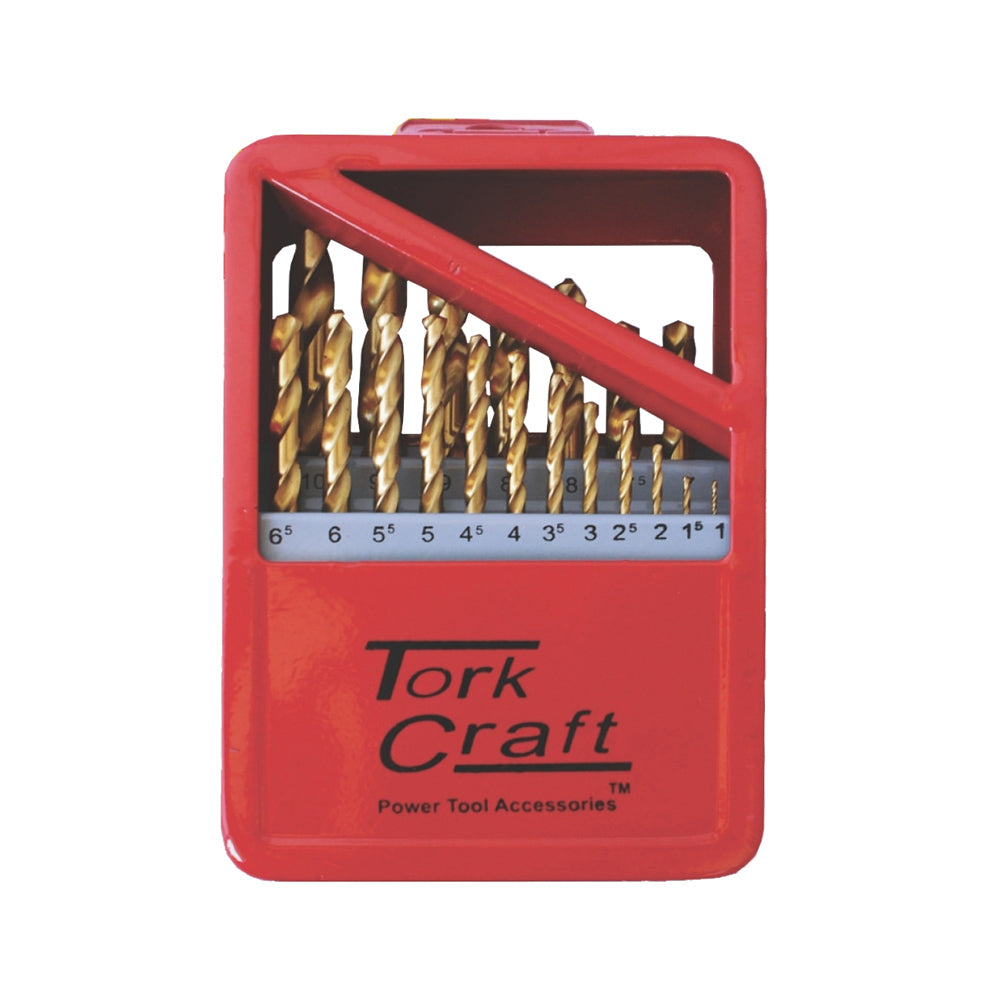 TORK CRAFT DRILL BIT SET 19PCE TIN. COATED METAL CASE