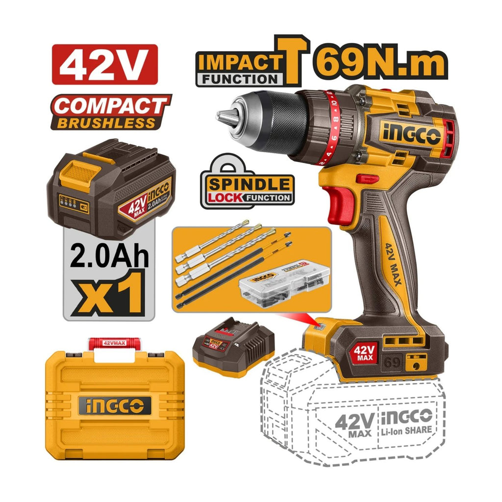 INGCO 42V CORDLESS 69NM IMPACT DRILL KIT (INCL.1 X 2.0A.H BATT,CHARGER & ACC)