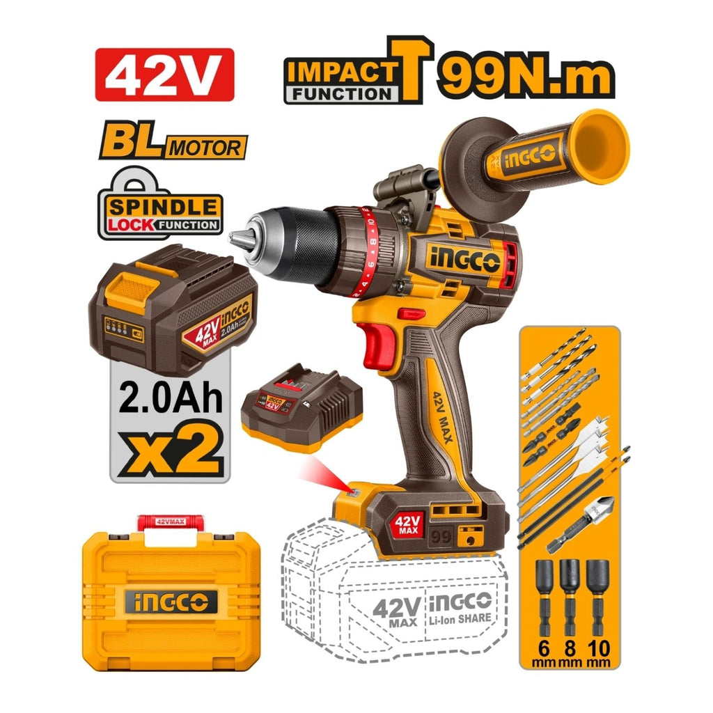 INGCO 42V CORDLESS 99NM IMPACT DRILL KIT (INCL.2 X 2.0A.H BATT,CHARGER & ACC)
