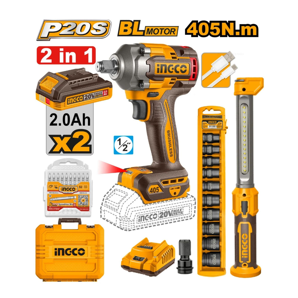 INGCO 20V IMP WRENCH - LAMP 405NM KIT INCL 2x2A.H BATT & CHARG KIT