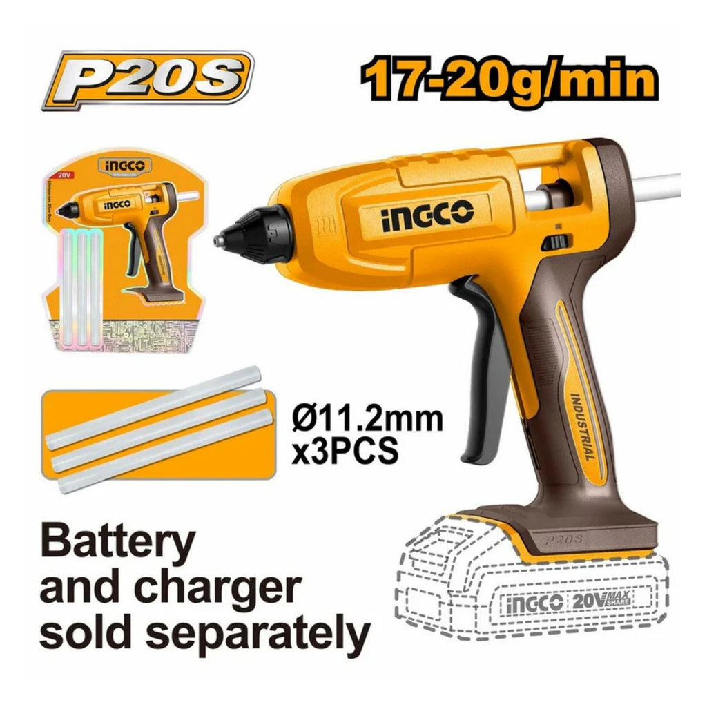 INGCO 20V PS+ C/L GLUE GUN + 3  STICK BARE NO B/C
