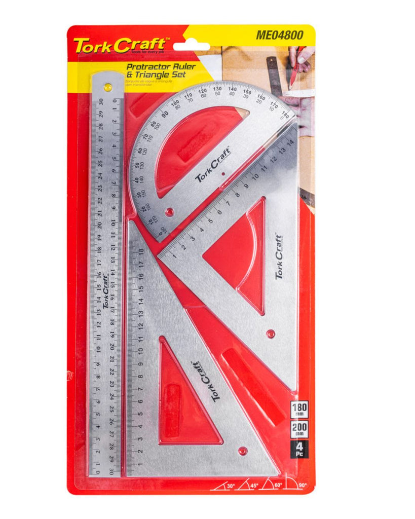 TORK CRAFT PROTRACTOR RULER and 2 X TRAINGLE SET 4PC