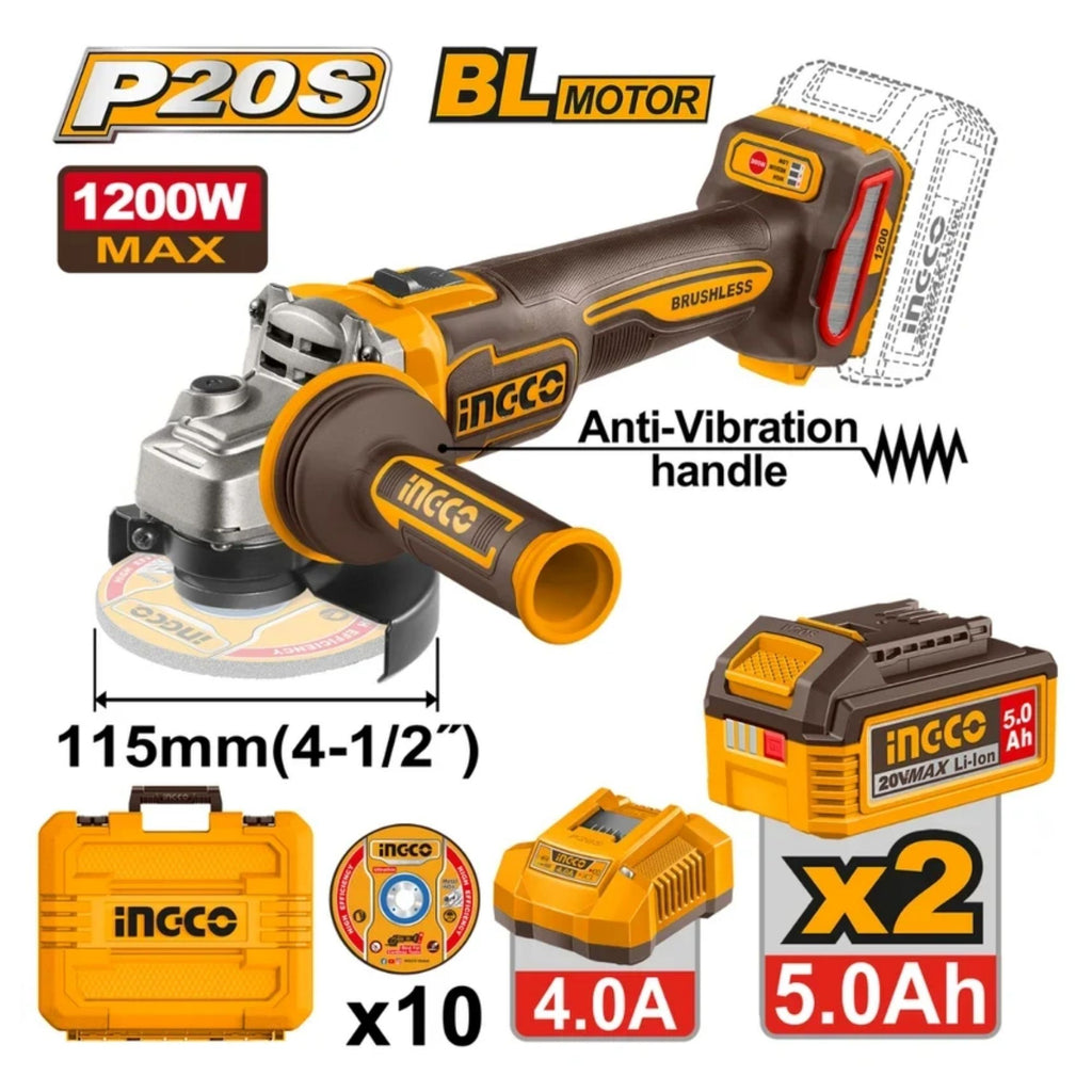INGCO 20V PS+ C/L B/L GRINDER 1200W KIT INCL. 2 X 5A.H BATT & CHARGER
