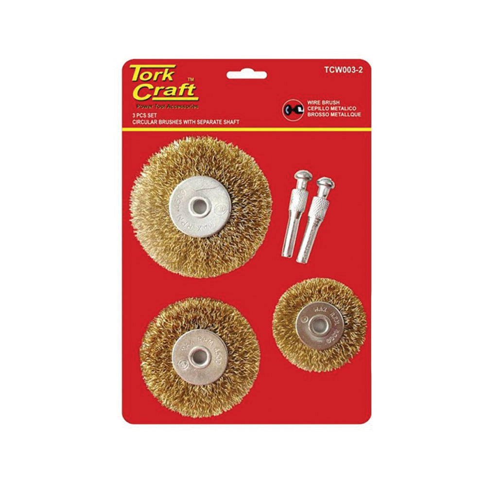 TORK CRAFT WIRE BRUSH SET 3PCE WITH SEPARATE SHAFT