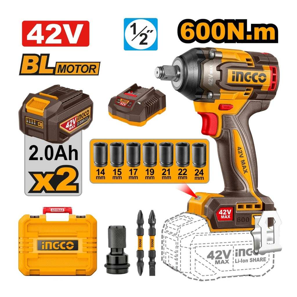 INGCO 42V CORDLESS IMPACT WRENCH KIT (INCL. 2 X 2.0A.H BATT,CHARGER & ACC)