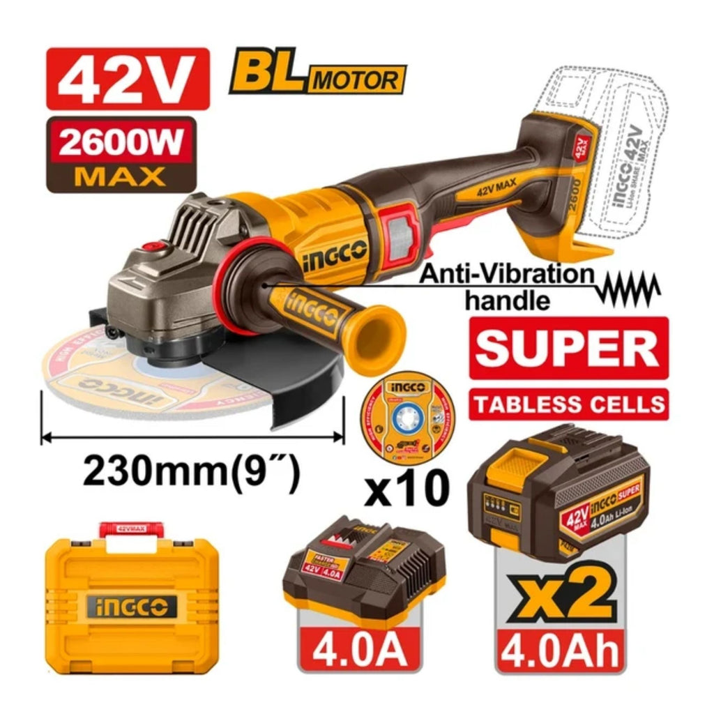 INGCO 42V ANGEL GRINDER 230MM 2600W KIT INCL. 2x4A.H BATT & CHARG