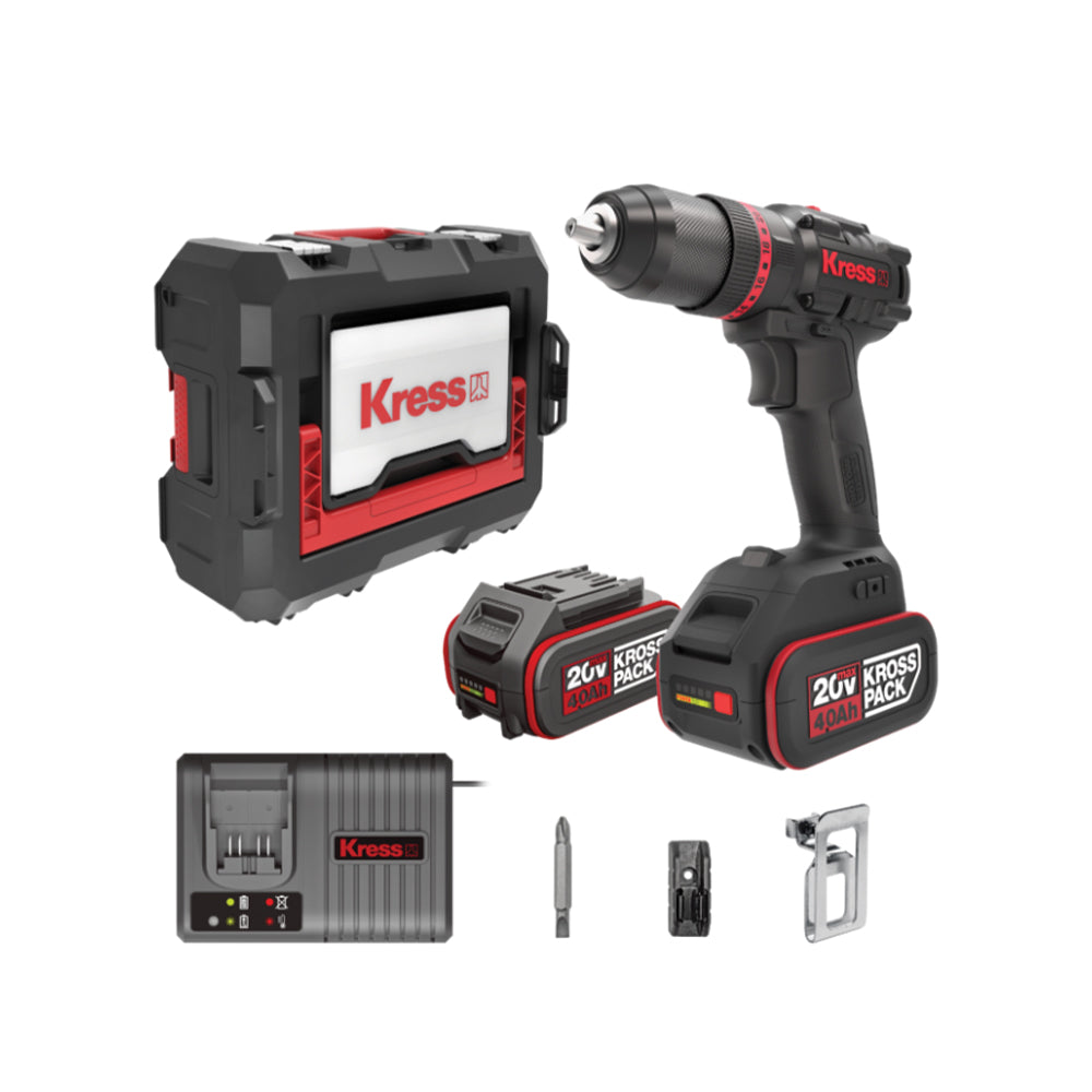 KRESS CORDLESS HAMMER DRILL 20V BL 60NM 2  X 4.0AH+6A STACKING CASE