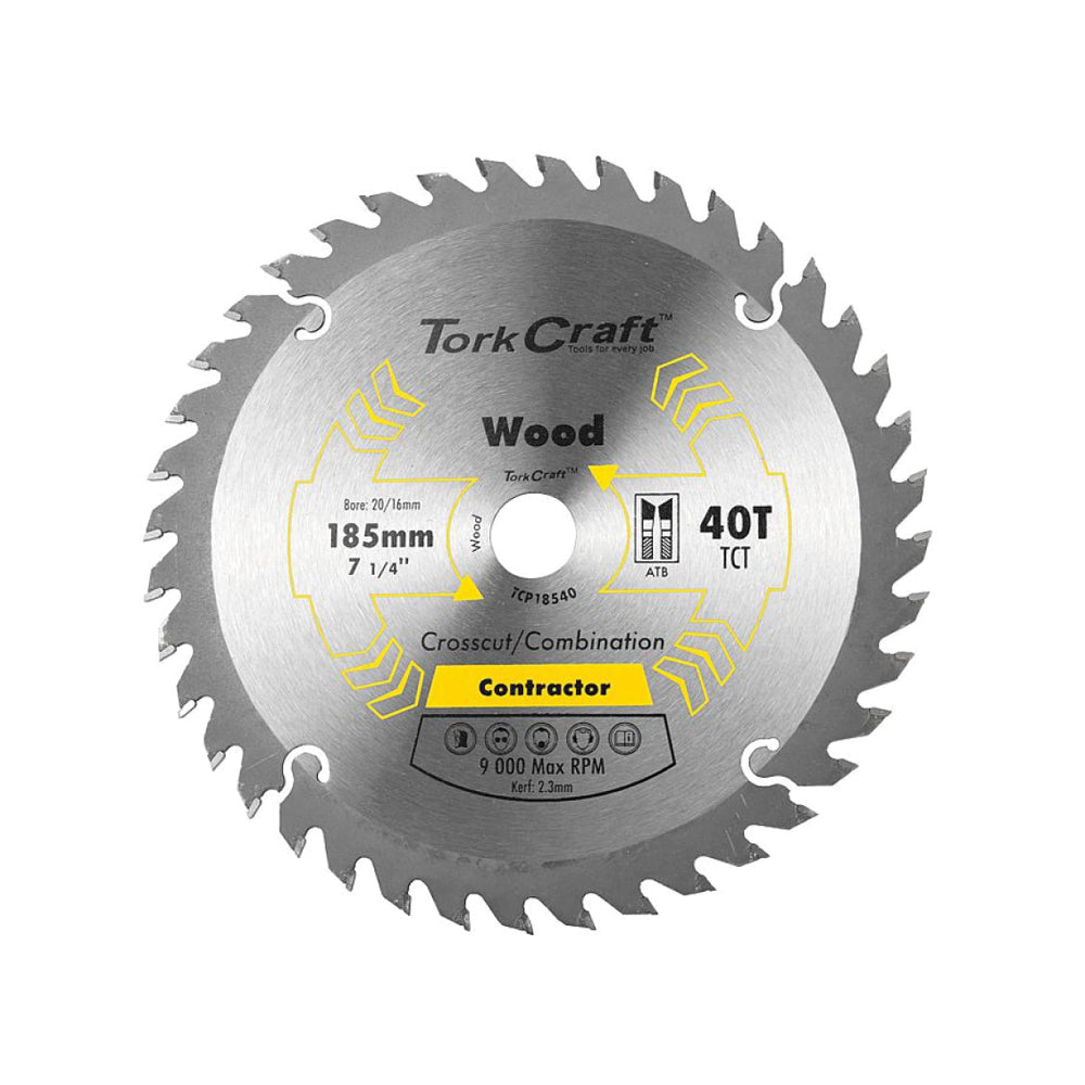 TORK CRAFT BLADE CONTRACTOR 185 X 40T 20/16 CIRCULAR SAW TCT