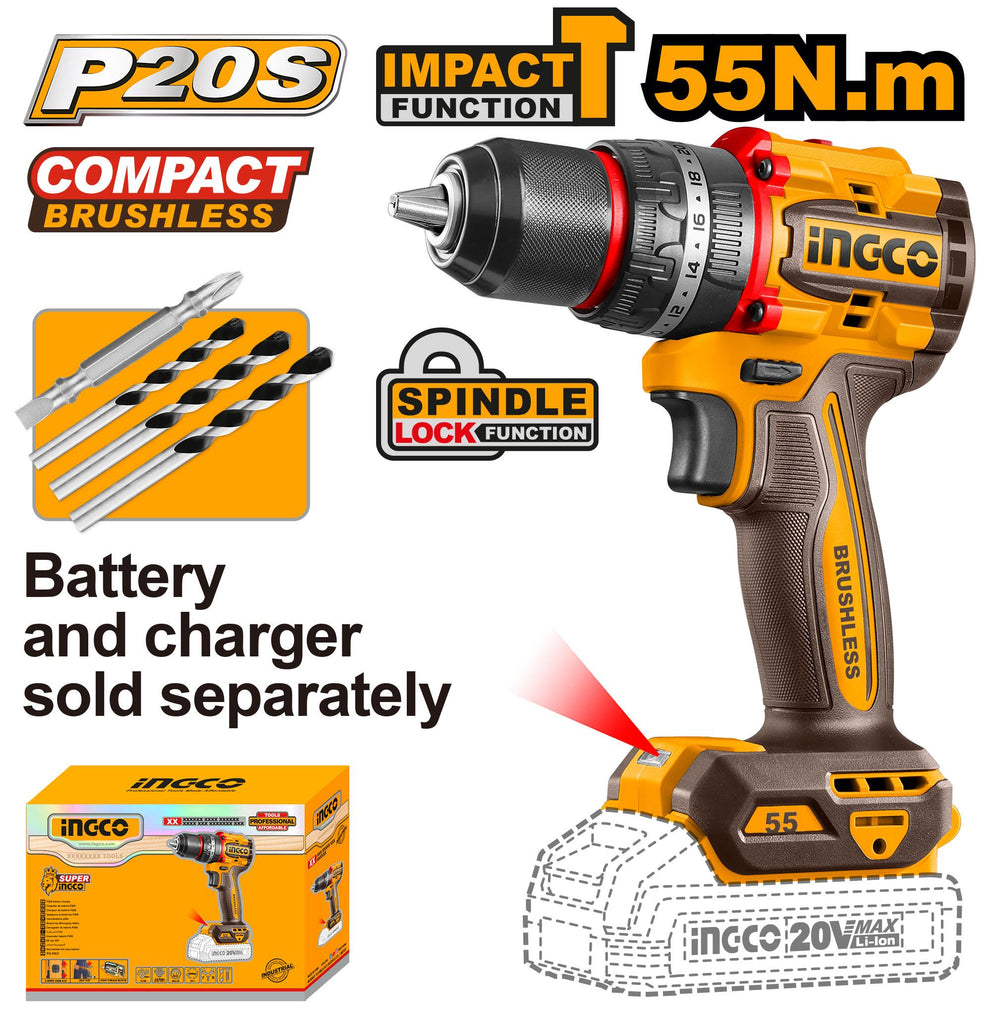 INGCO 20V PS+ C/L DRILL B/LESS 55NM IMP + ACC