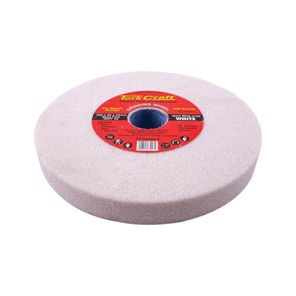 TORK CRAFT GRINDING WHEEL 200X25X32MM BORE FINE 36GR W/BUSHES FOR B/G WHITE