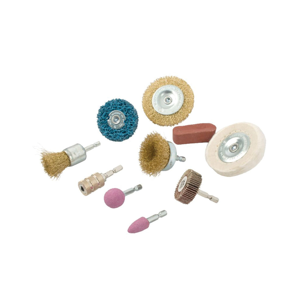TORK CRAFT WIRE BRUSH SET 10 PIECE WITH HEX SHANK & BUFF KIT