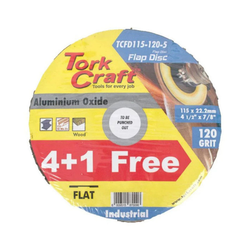 TORK CRAFT FLAP SANDING DISC 115MM 120GRIT 4+1 FREE A/O