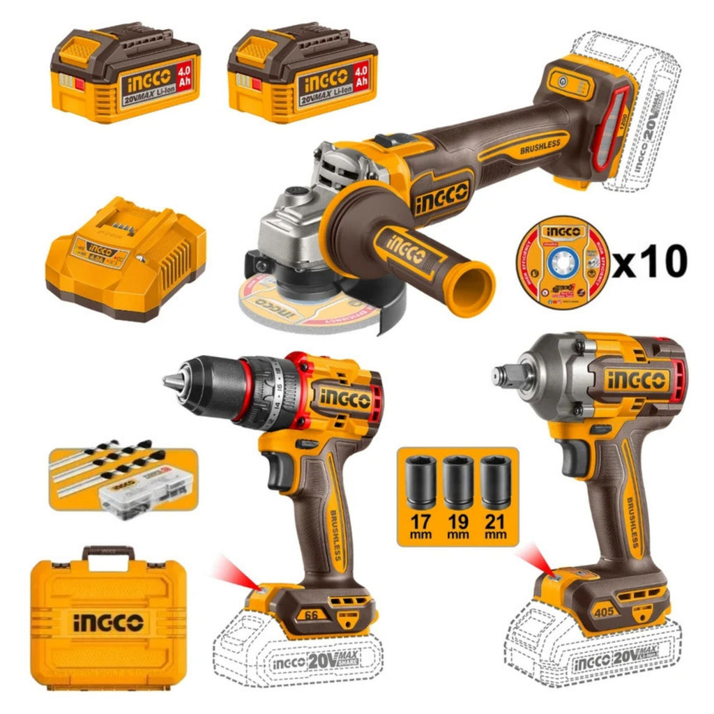 INGCO 20V CORDLESS KIT ANGLE GRINDER 115MM - IMP DRILL - IMP WRENCH WITH 2X4A.H