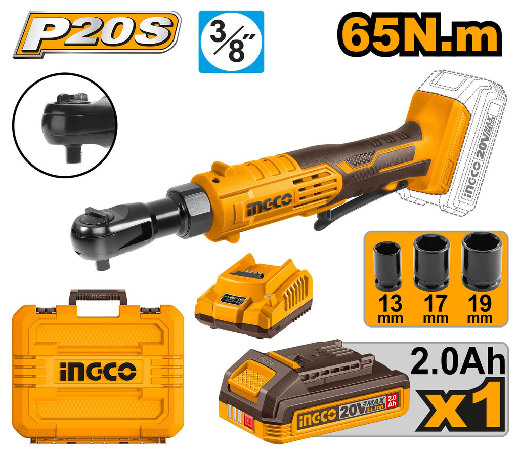 INGCO 20V CORDLESS RACTHET 3/8 6P 65NM KIT