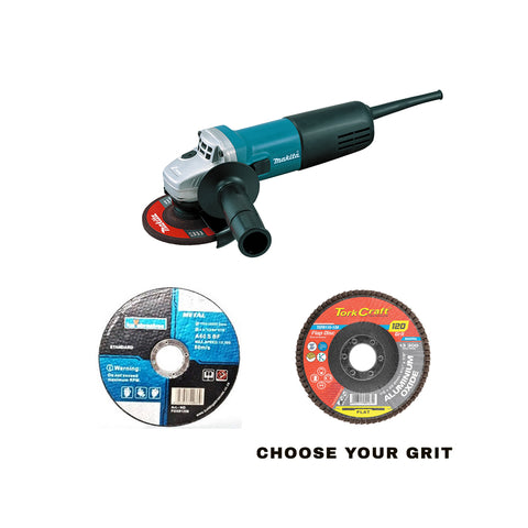 MAKITA ANGLE GRINDER 115MM 840W, FOX CUTTING DISC AND FLAPPER DISC