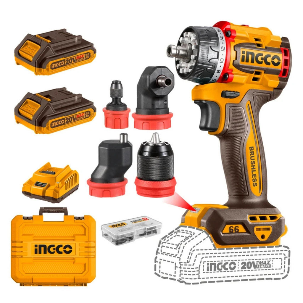 INGCO 20V C/L MULTI-HEAD DRIVER KIT INCL.  2 X 2A.H BATT & CHARG