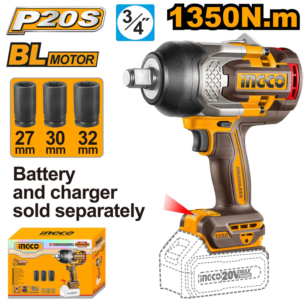 INGCO 20V PS+ C/L B/L IMP WRENCH 3/4 NO B/C 1350M