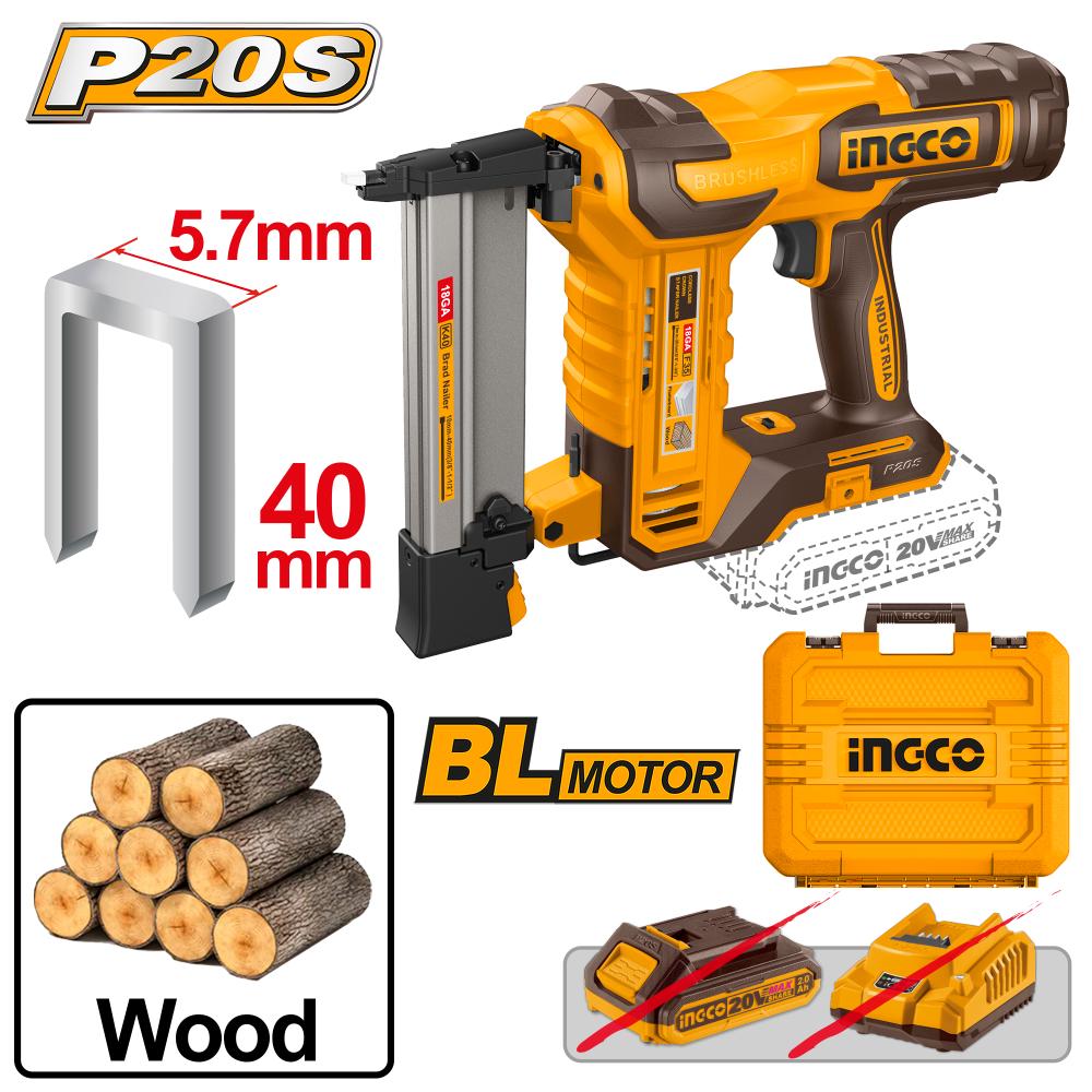 INGCO CORDLESS CROWN STAPLER NAILER 20V LITHIUM-ION