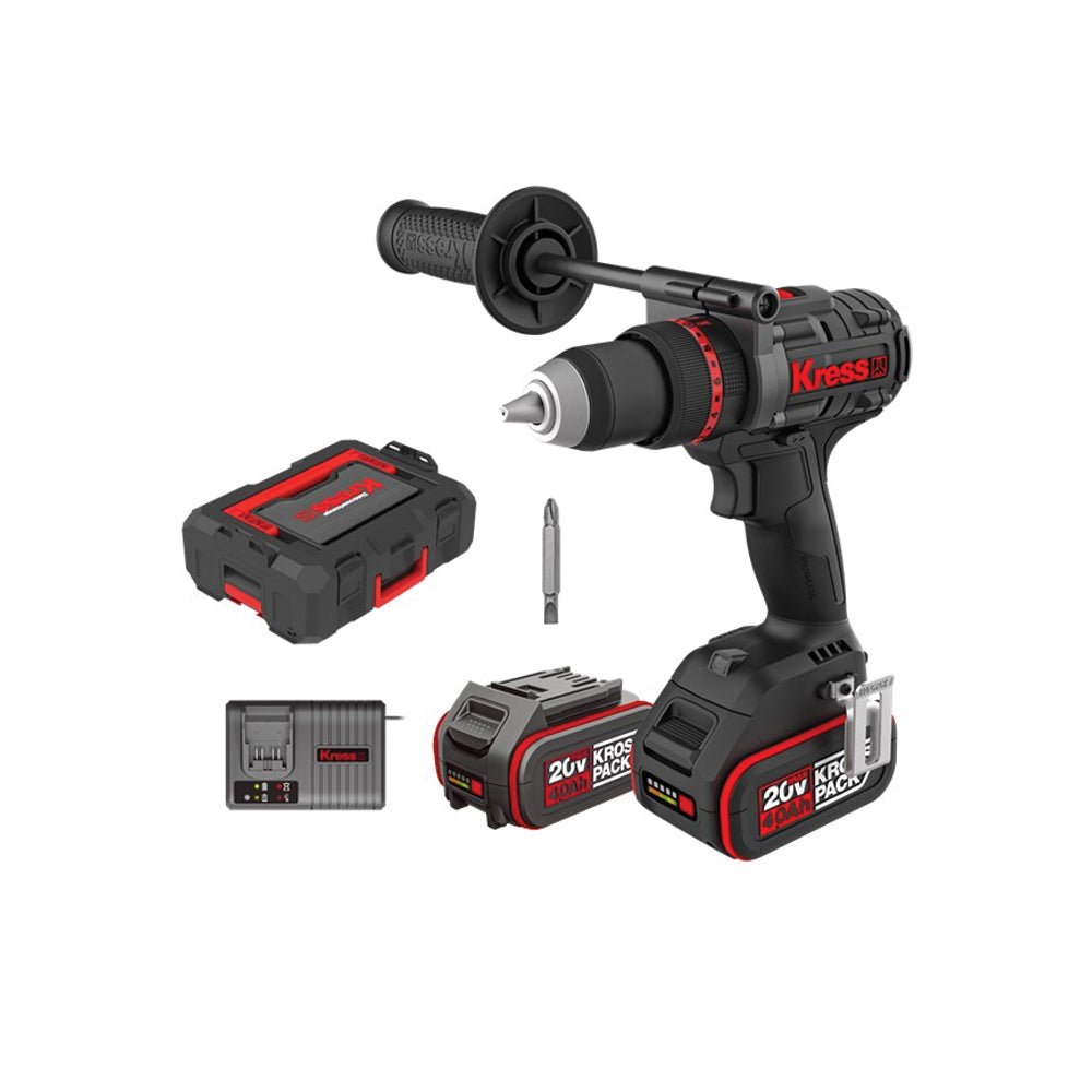 KRESS CORDLESS HAMMER DRILL 20V BL 150NM 2  X 4.0AH+6A STACKING CASE