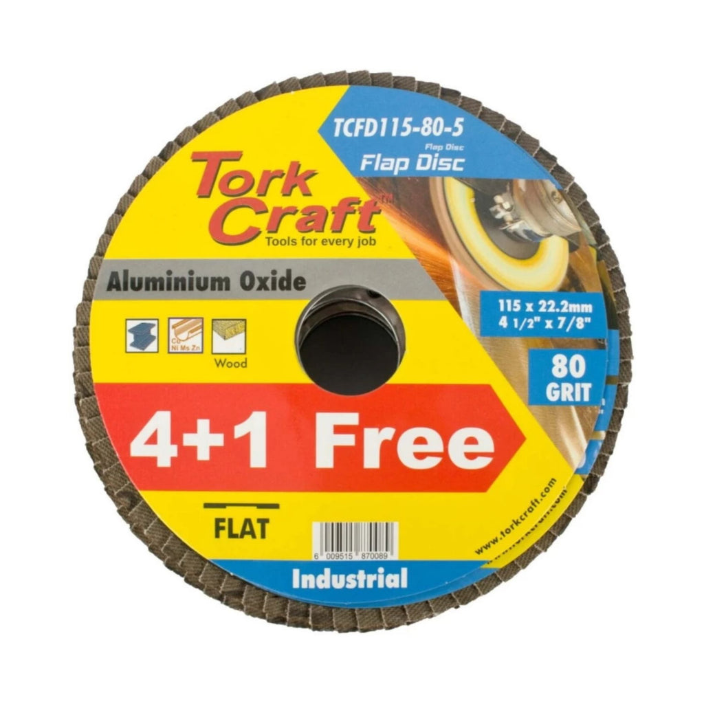 TORK CRAFT FLAP SANDING DISC 115MM 80GRIT 4+1 FREE A/O