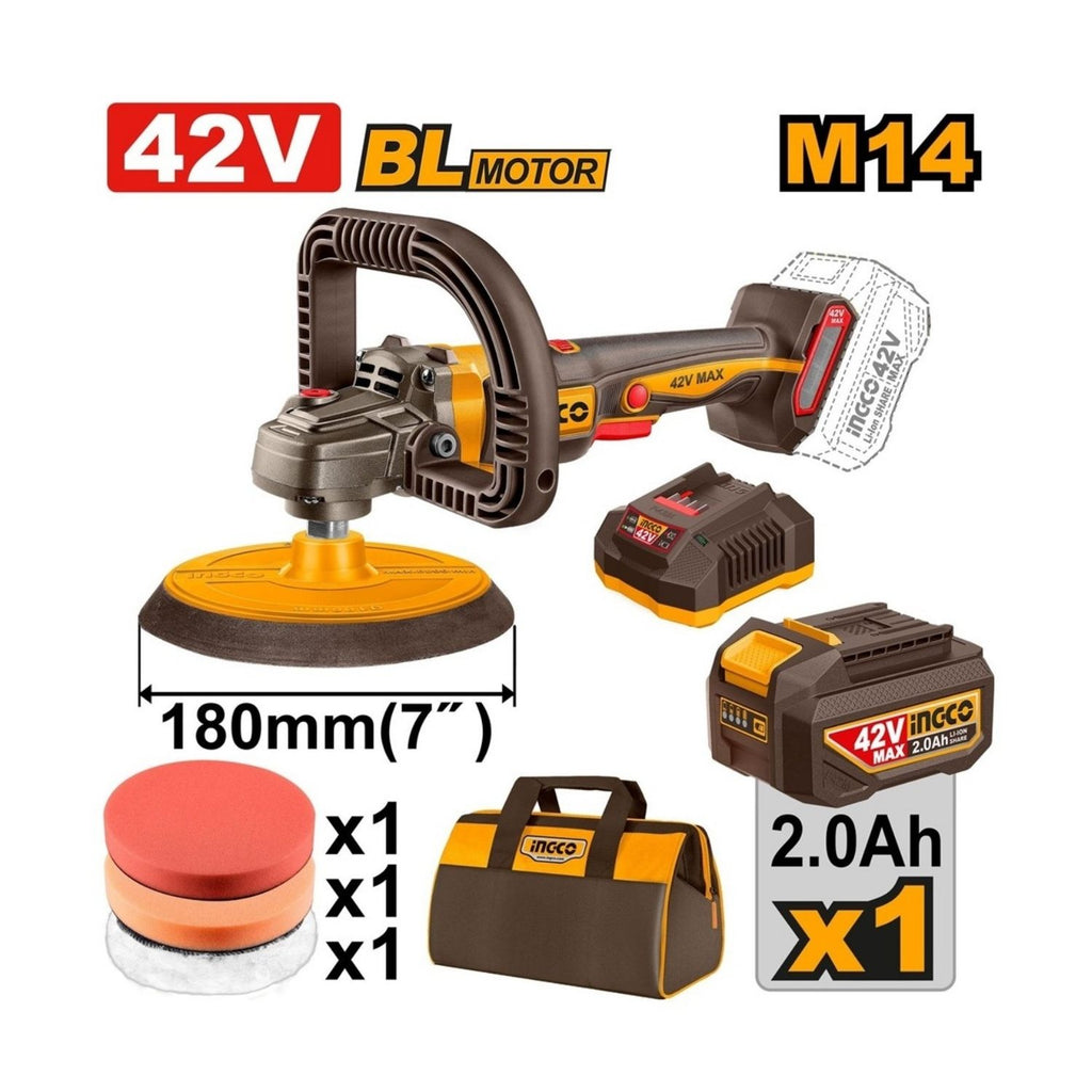 INGCO 42V CORDLESS POLISHER KIT (INCL. 1 x 2.0A.H BATT, CHARGER & ACC)