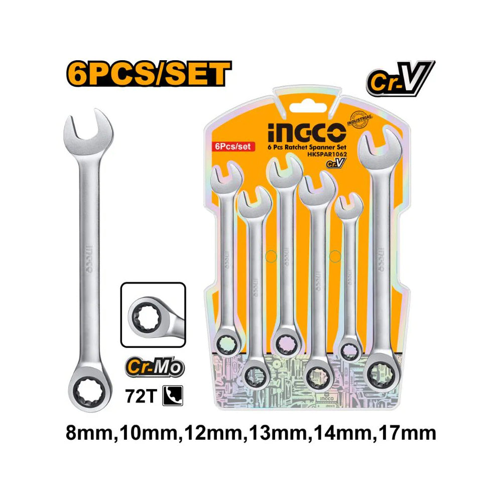 INGCO SPANNER SET RATCHET 6PC