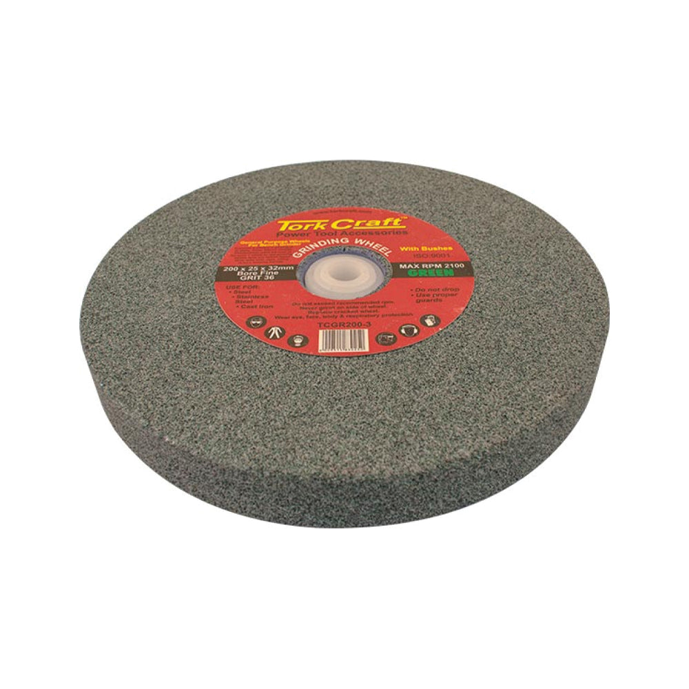 TORK CRAFT GRINDING WHEEL 200X25X32MM BORE FINE 60GR W/BUSHES FOR B/G GREEN