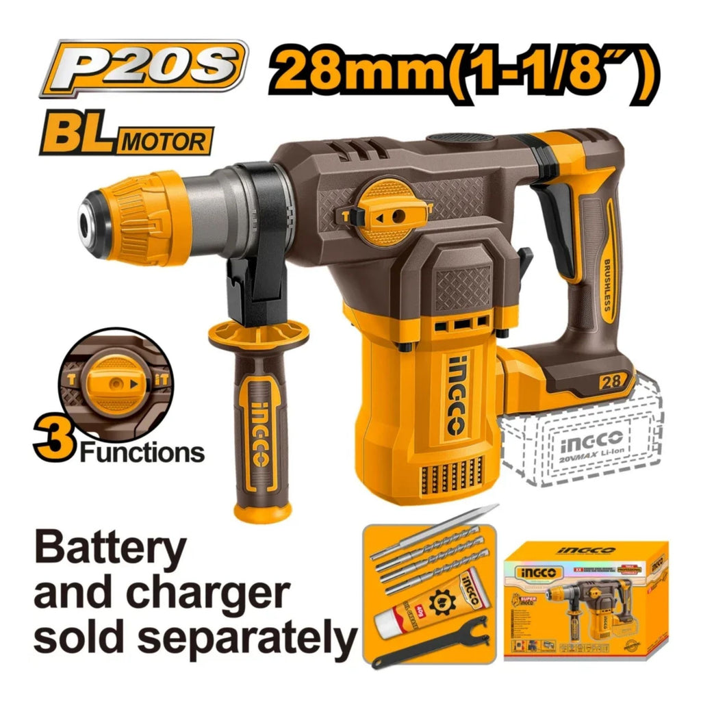 INGCO 20V C/L ROTARY HAMMER DRILL 28MM SDS PLUS BARE