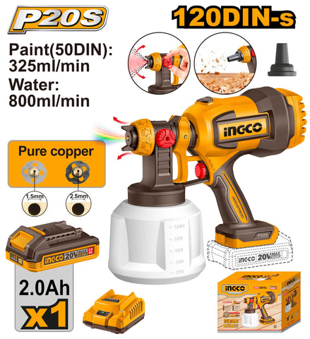 INGCO 20V PS+ C/L SPRAY GUN INCL ASS 5PCS KIT 1BAT