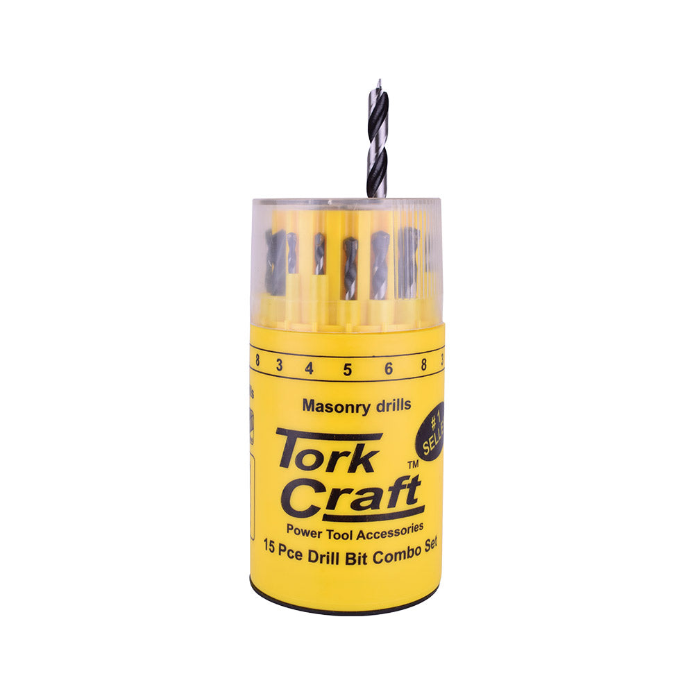 TORK CRAFT DRILL BIT 15PC SET COMBO WOOD + MASONRY + HSS IN PLASTIC CONTAINER