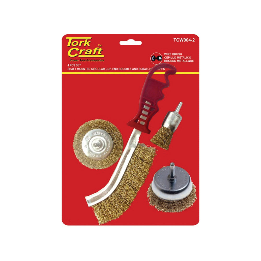 TORK CRAFT WIRE BRUSH SET 4PCE WITH HAND BRUSH