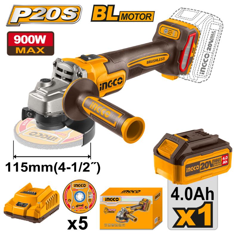 INGCO 20V B/L ANGLE GRINDER KIT 900W