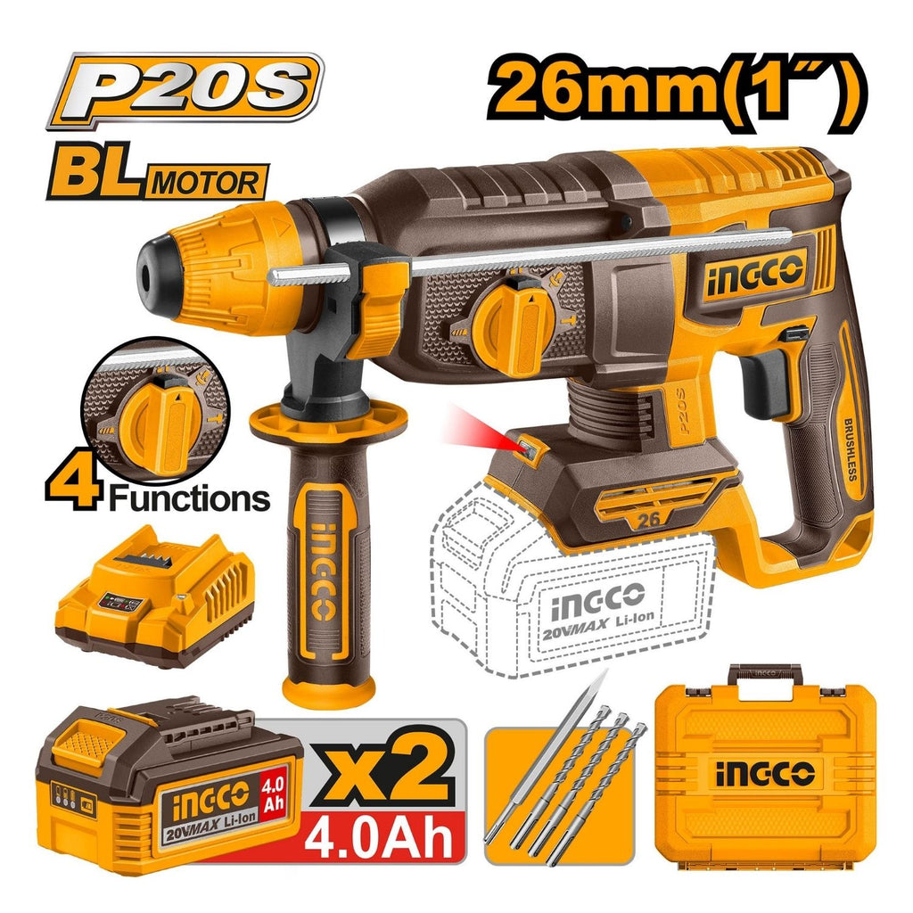 INGCO 42V CORDLESS ROTARY HAMMER KIT 2.5J (INCL. 2 X 2.0A.H BATT,CHARGER & ACC)