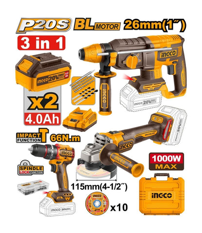 INGCO 3PC CORDLESS KIT IMPACT DRILL, ROTARY HAMMER DRILL AND 115MM ANGLE GRINDER
