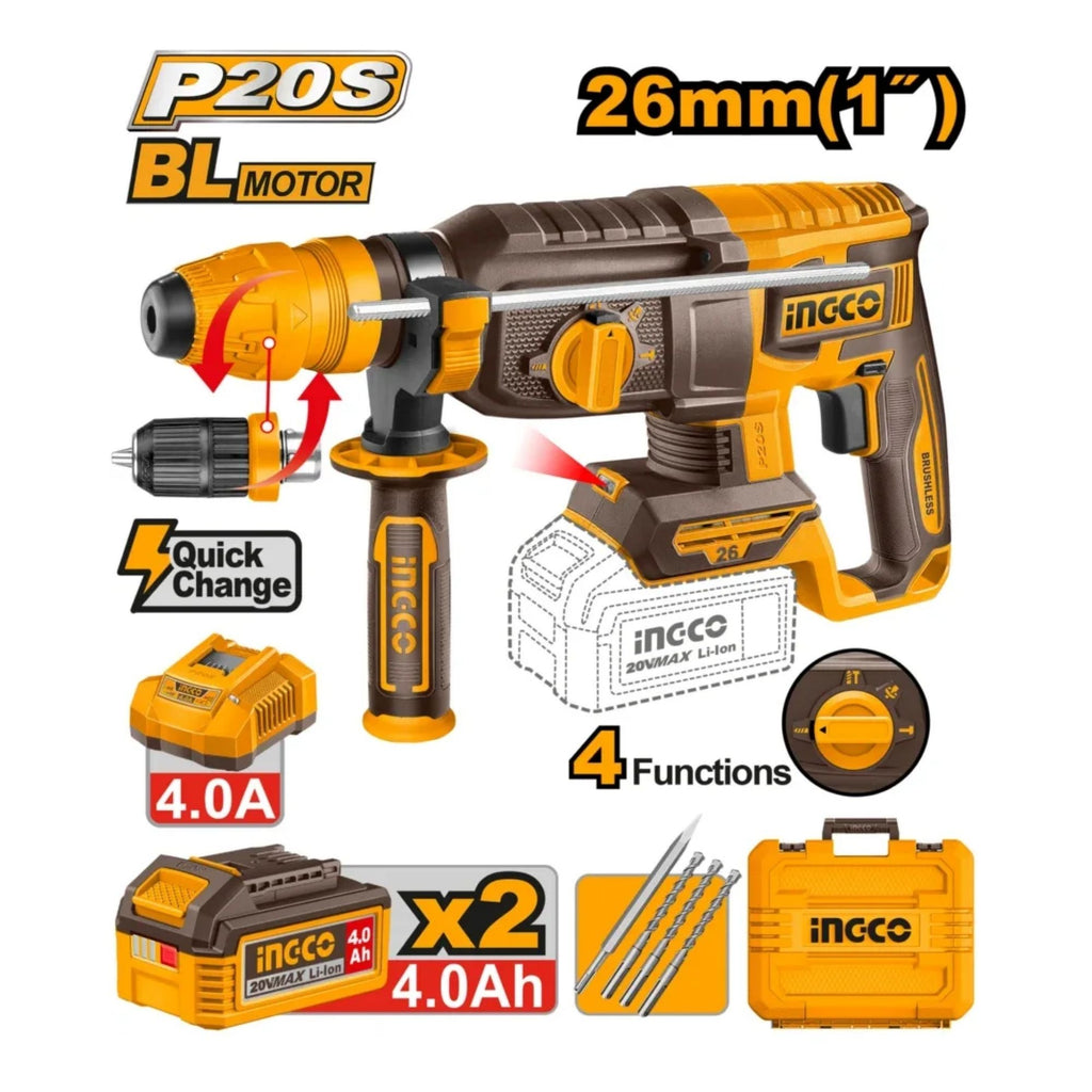 INGCO20V C/L ROTARY HAMMER DRILL 26MM KIT  INCL. 2X4.0AH BATT,CHARG & ACC