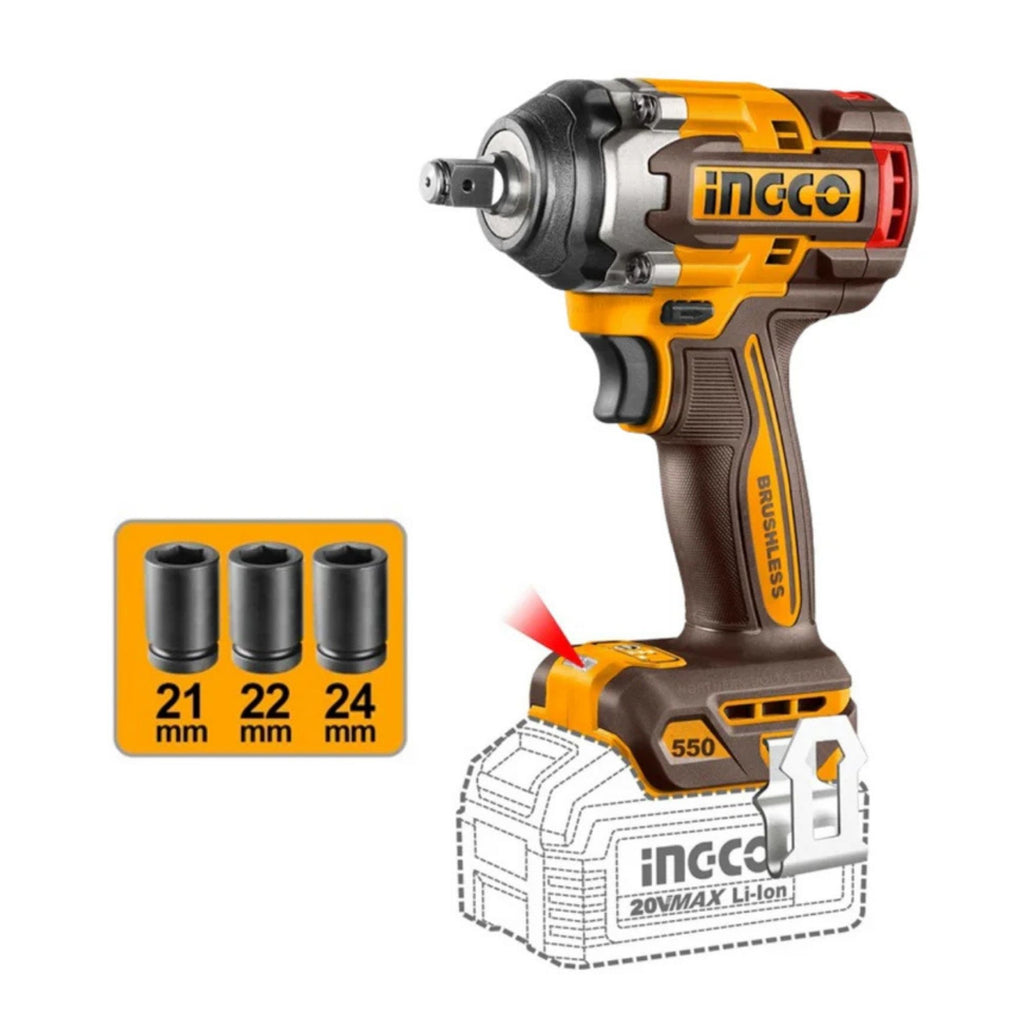 INGCO 20V IMPACT WRENCH 550NM BARE INCL. 3PC I/SOCKET SET