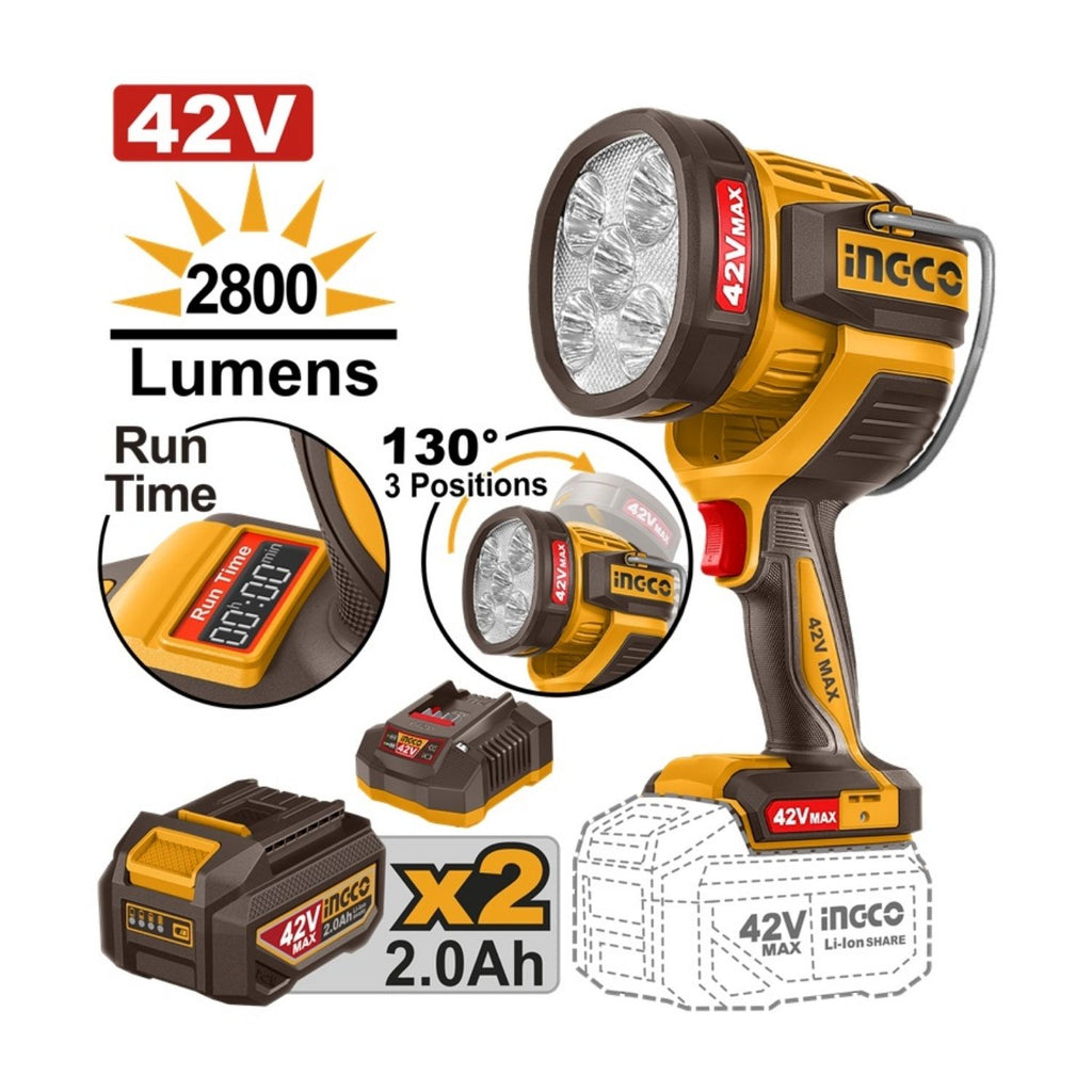 INGCO 42V CORDLESS WORK LAMP KIT (INCL 2X 2.0A.H BATT & CHARGER)