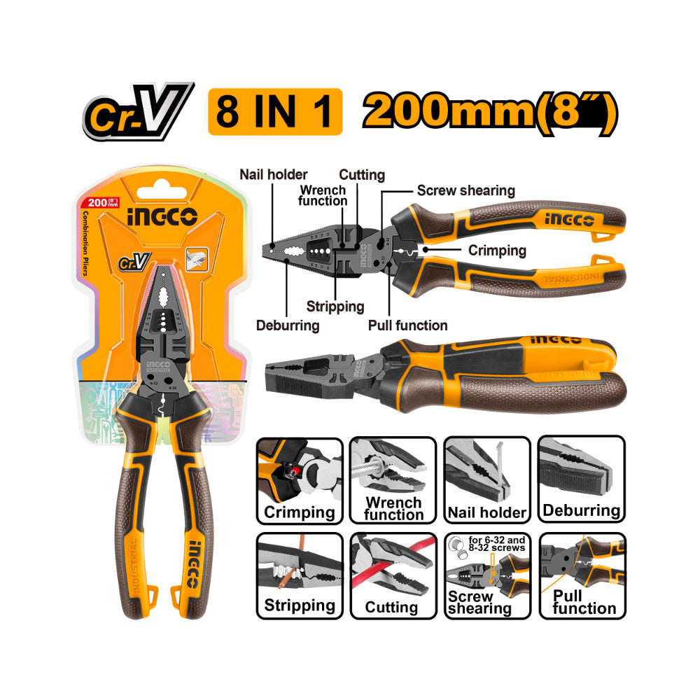 INGCO PLIER MULTI/F COMBINATION 8 IN 1 200MM CR-V