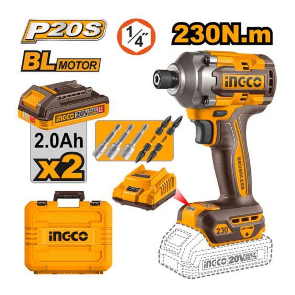 INGCO 20V CORDLES IMPACT DRIVER KIT INCL. 2 X 2.0A.H BATT & CHARGER