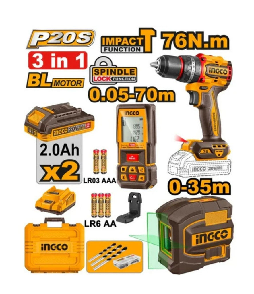 INGCO 20V 3-IN-1 COMBO (B/L IMPACT DRILL + SELF -LEVELING LASER + 2 x 2.0Ah BATT