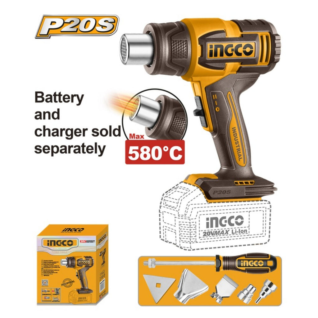 INGCO 20V PS+ C/L HEAT GUN + 5PC ACC KIT BARE