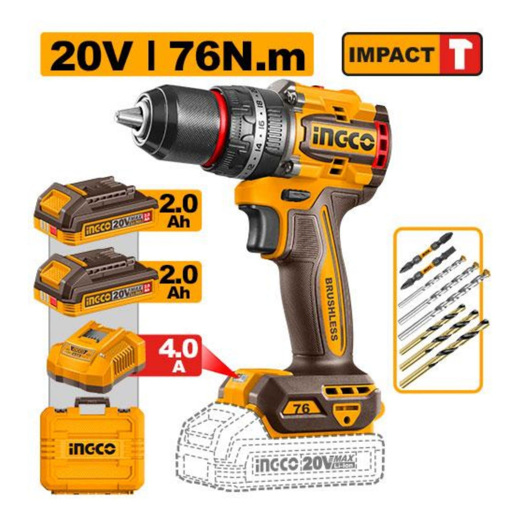 INGCO 20V PS+ C/L DRILL B/L 76NM IMP KIT INCL. ACC